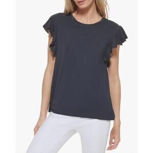 DKNY Jeans NWT Women’s Ruffle Cap Sleeve Top In Black-Size X-Large